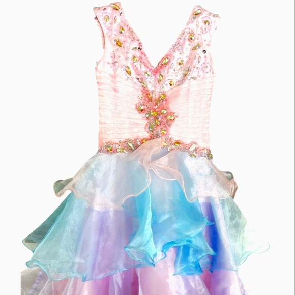 MacDuggal Princess Prom Dress Pink/Purple/Blue Organza Tiers V-neck Jeweled Sz 2 - Picture 12 of 12